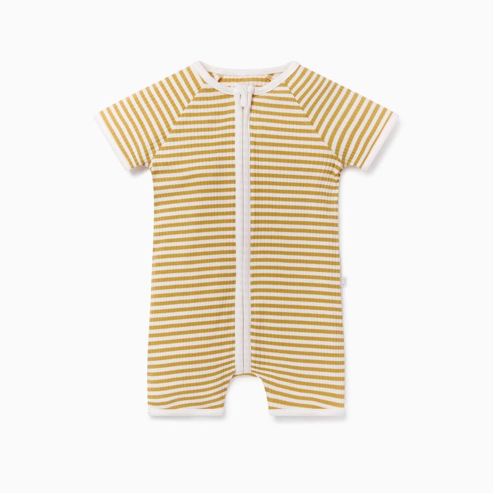Mori Mustard Stripe Ribbed Zip Summer Sleepsuit Size 12-18 Months Bamboo